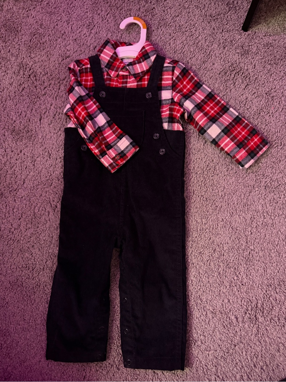 Carter's Black Corduroy Overalls with Red Plaid Top